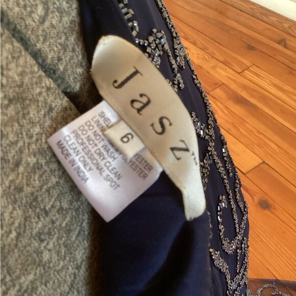 JASZ COUTURE 6 BLUE PLUNGING V NECK BEADED HIGH SLIT PROM PAGEANT FORMAL GOWN - Picture 9 of 10